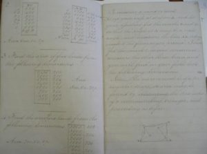 Two pages from a small, undated book about how to survey and measure land accurately, with detailed mathematical calculations.
