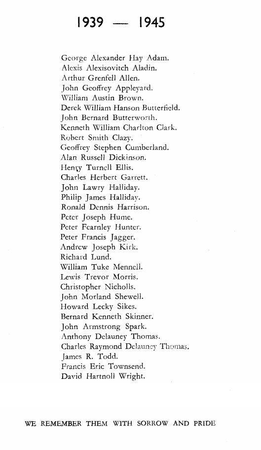 List of Bootham Old Scholars killed in the war from 1939 to 1945, published in July 1945 issue of "Bootham" magazine.